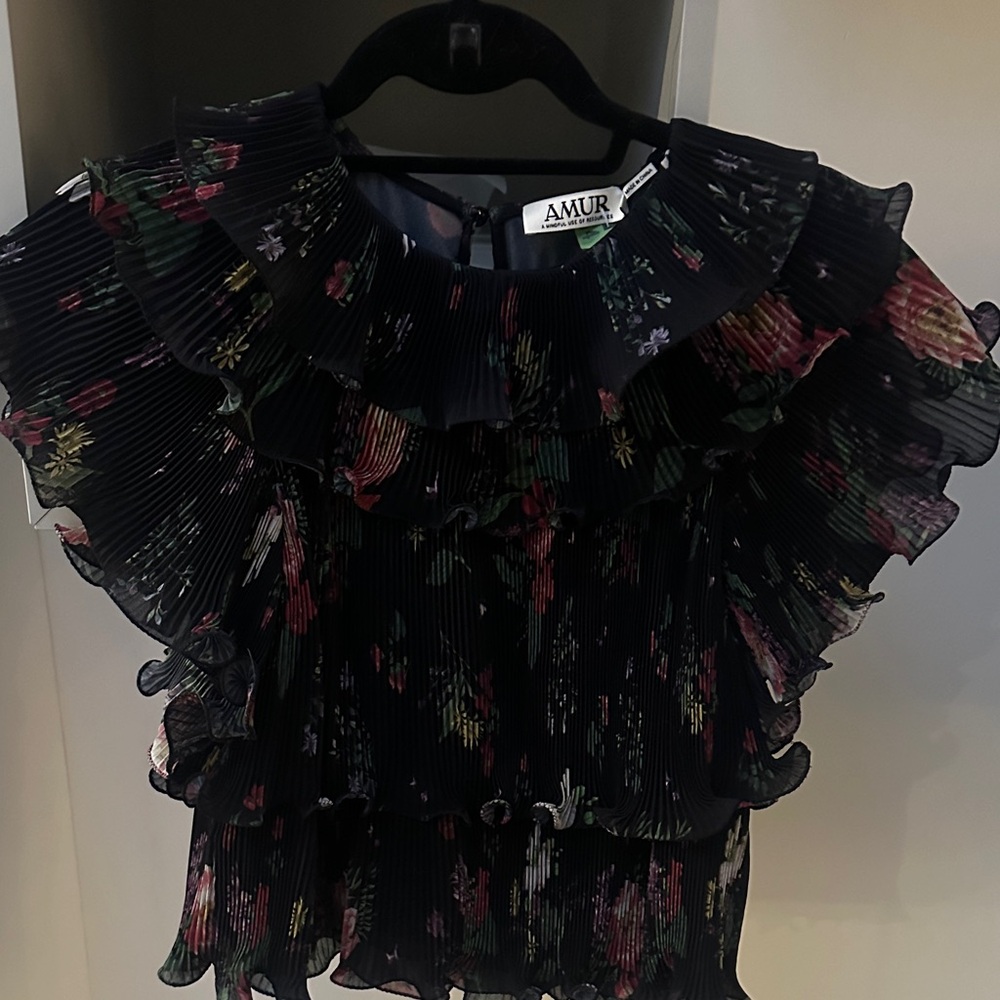 AMUR Black Floral Ruffle Top